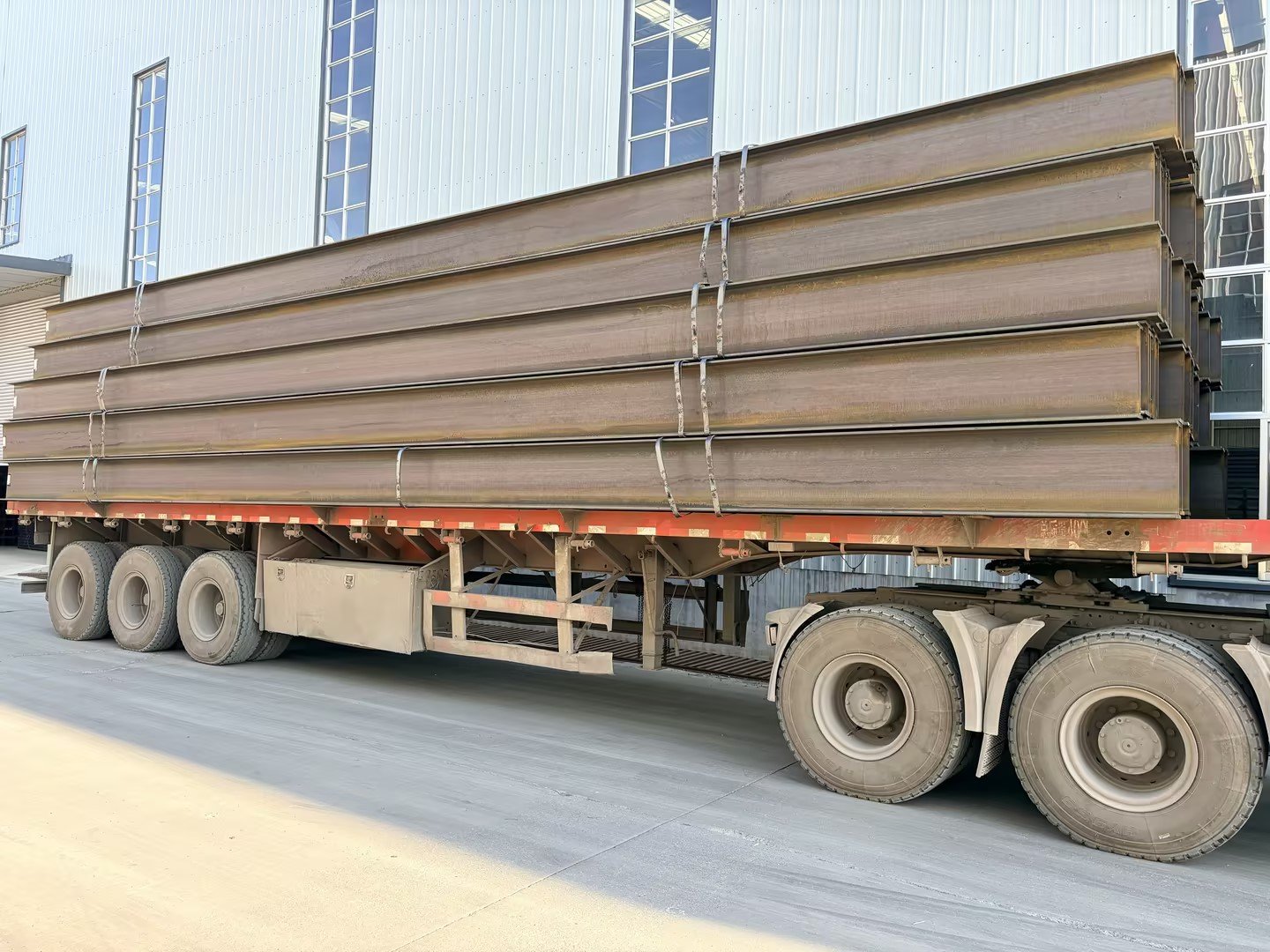 H-beam steel stacked in warehouse